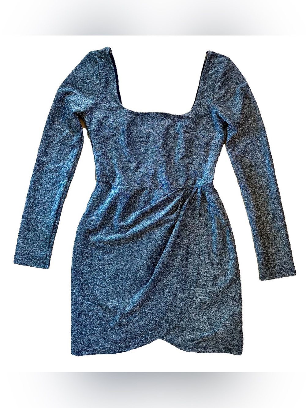Metallic Silver Long-Sleeve Square Neck Party Dress